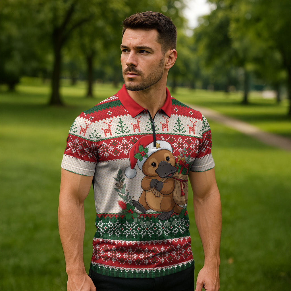 Aussie Platypus Christmas Zipper Polo Shirt Festive Knitted Pattern Inspired