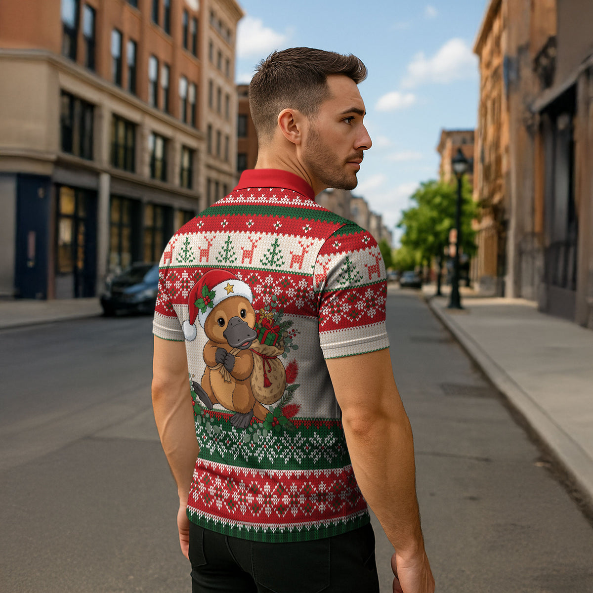 Aussie Platypus Christmas Zipper Polo Shirt Festive Knitted Pattern Inspired