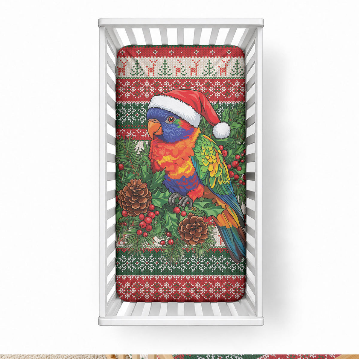 Aussie Rainbow Lorikeets Christmas Baby Bed Cover Festive Knitted Pattern Inspired