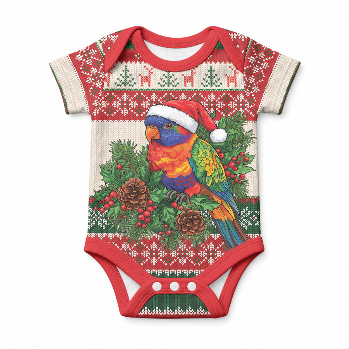Aussie Rainbow Lorikeets Christmas Baby Onesie Festive Knitted Pattern Inspired