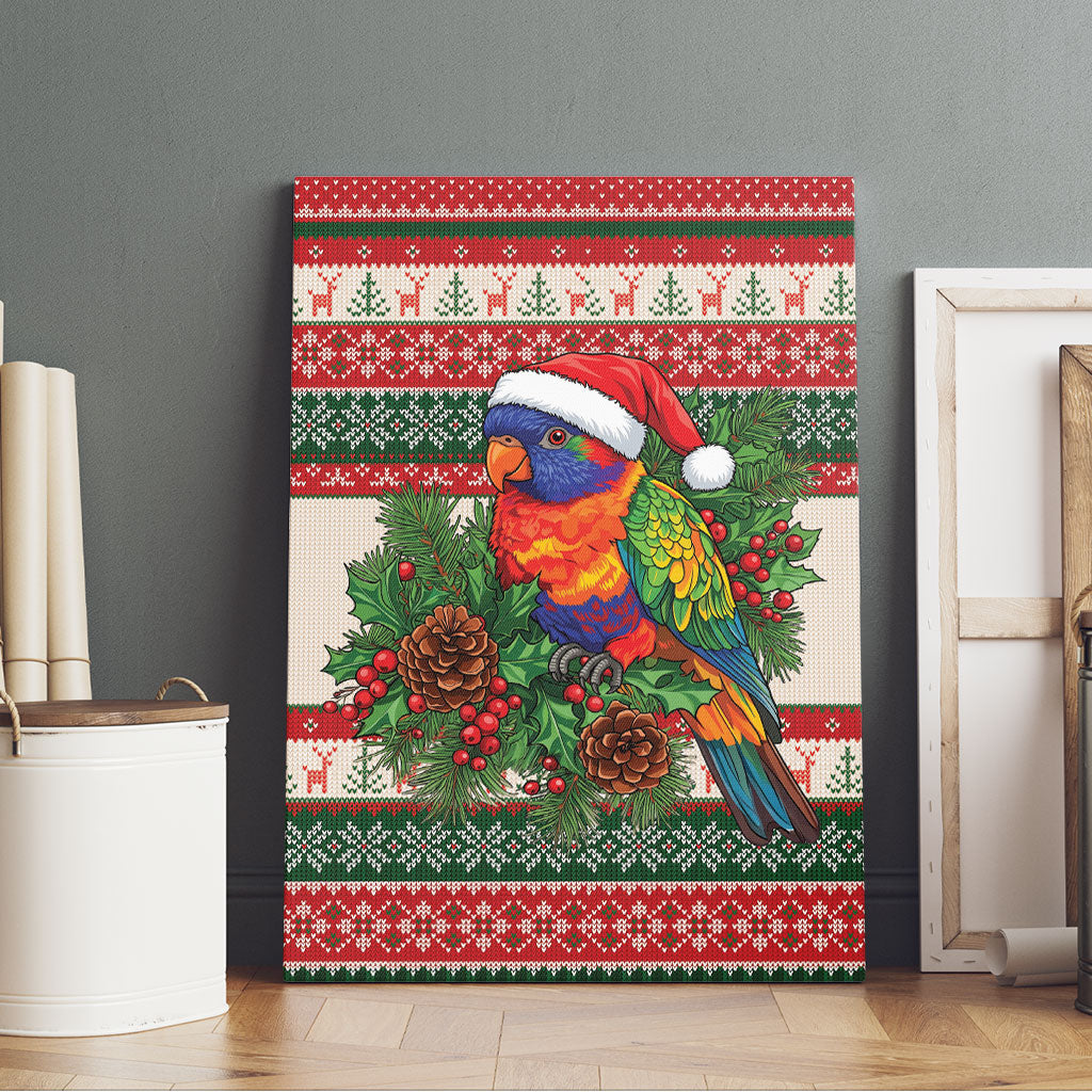 Aussie Rainbow Lorikeets Christmas Canvas Wall Art Festive Knitted Pattern Inspired