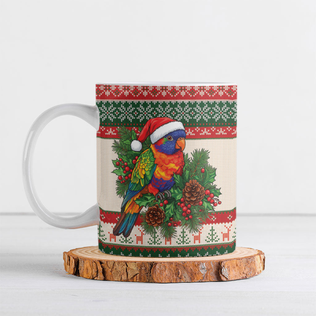 Aussie Rainbow Lorikeets Christmas Ceramic Mug Festive Knitted Pattern Inspired
