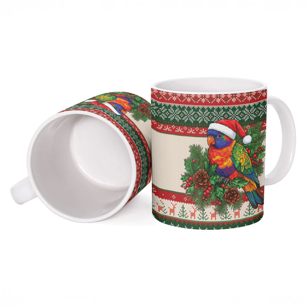 Aussie Rainbow Lorikeets Christmas Ceramic Mug Festive Knitted Pattern Inspired