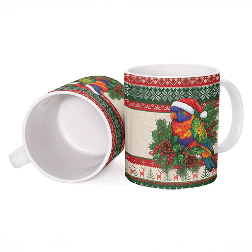 Aussie Rainbow Lorikeets Christmas Ceramic Mug Festive Knitted Pattern Inspired