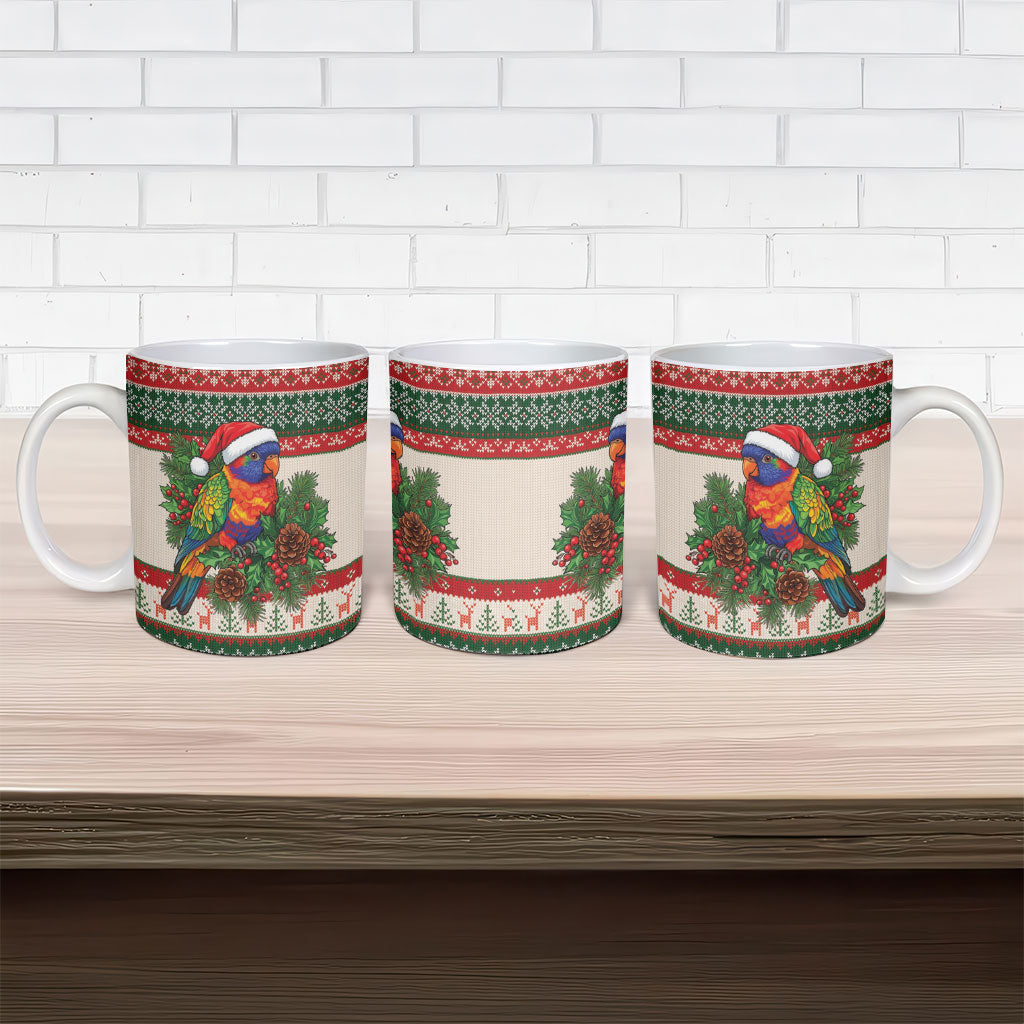 Aussie Rainbow Lorikeets Christmas Ceramic Mug Festive Knitted Pattern Inspired