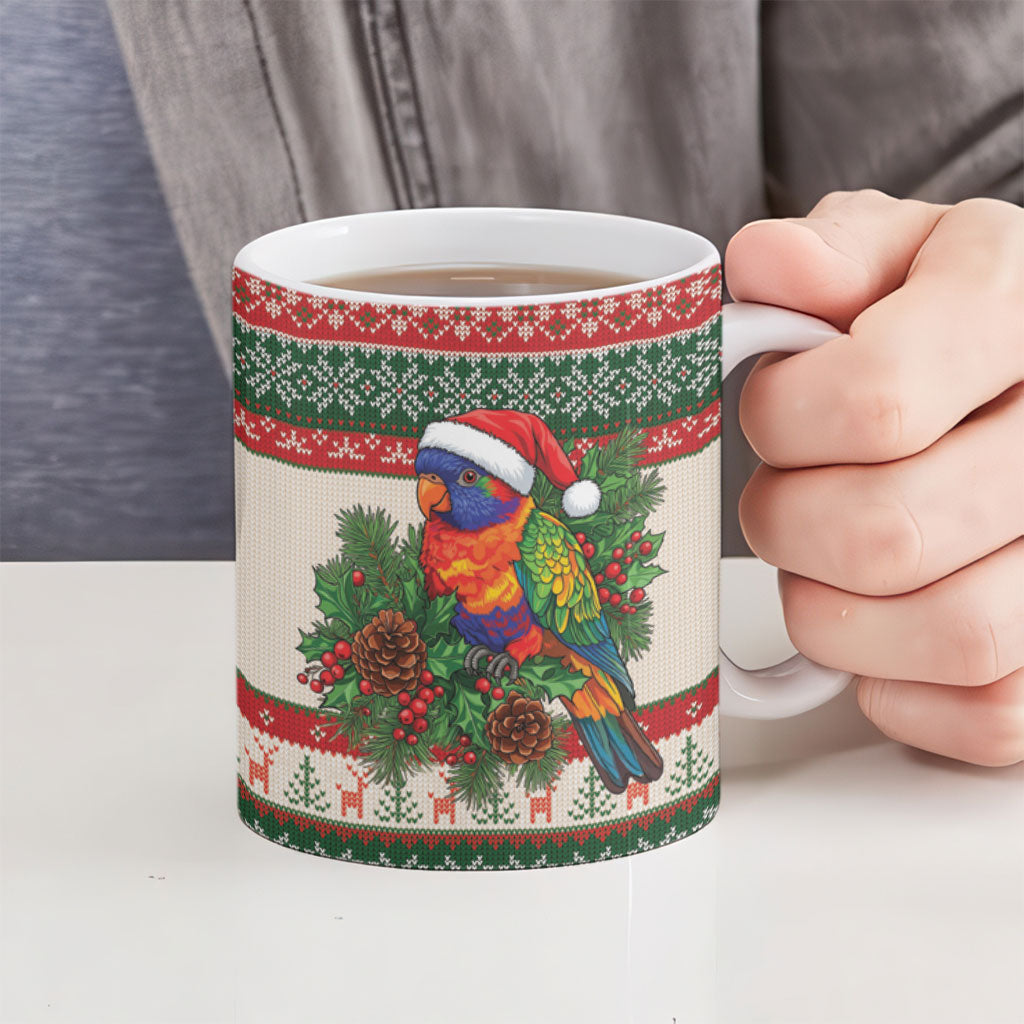 Aussie Rainbow Lorikeets Christmas Ceramic Mug Festive Knitted Pattern Inspired