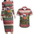 Aussie Rainbow Lorikeets Christmas Couples Matching Long Sleeve Bodycon Dress and Hawaiian Shirt Festive Knitted Pattern Inspired