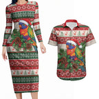 Aussie Rainbow Lorikeets Christmas Couples Matching Long Sleeve Bodycon Dress and Hawaiian Shirt Festive Knitted Pattern Inspired
