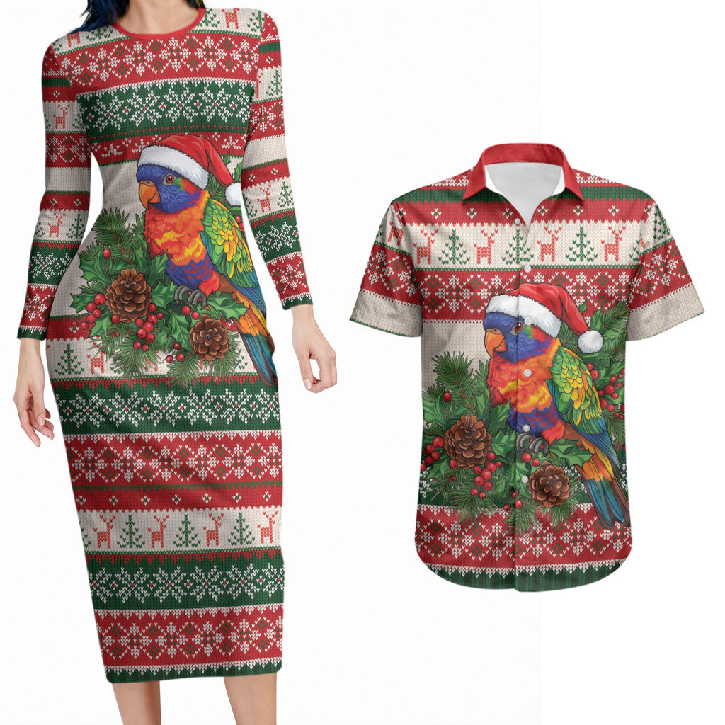 Aussie Rainbow Lorikeets Christmas Couples Matching Long Sleeve Bodycon Dress and Hawaiian Shirt Festive Knitted Pattern Inspired