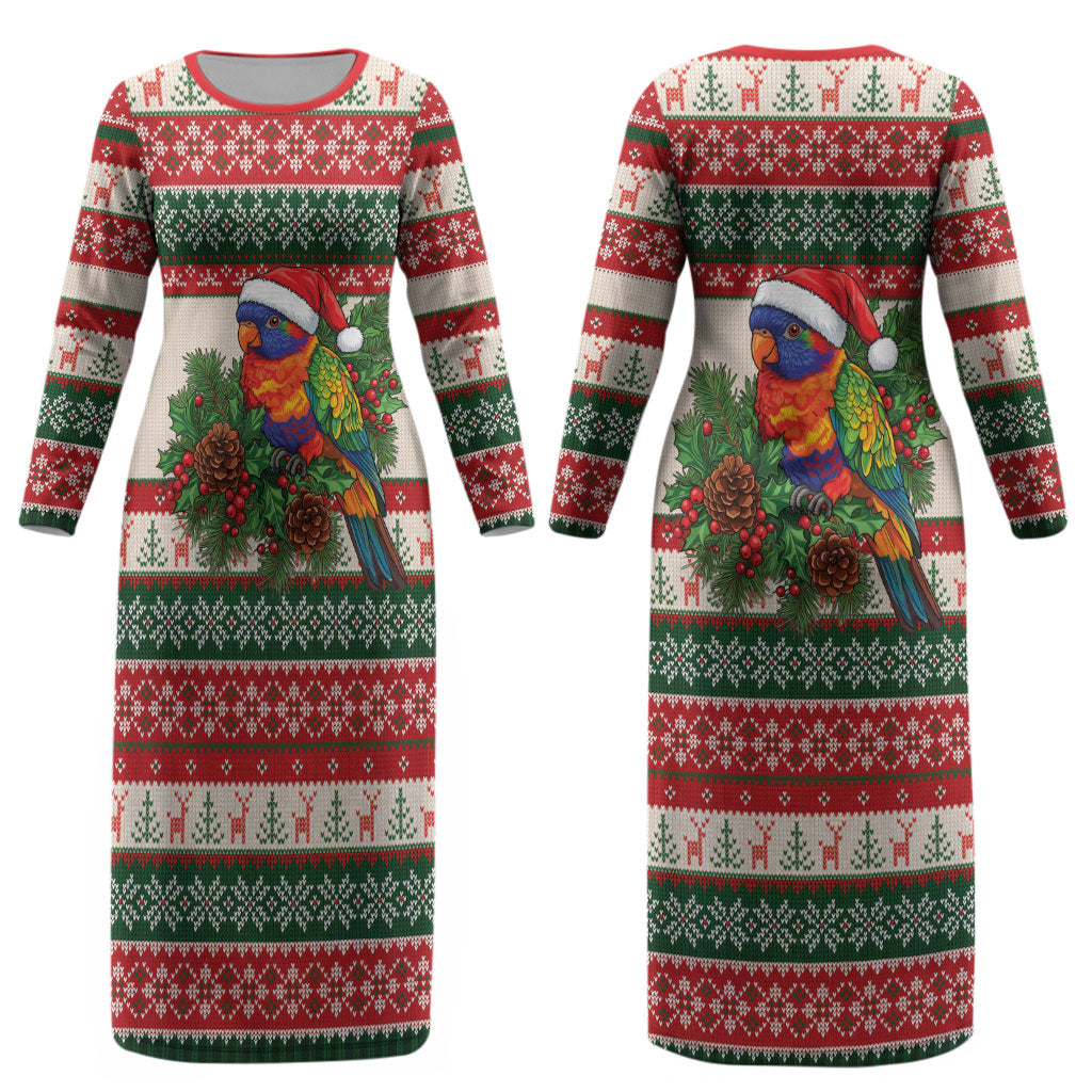 Aussie Rainbow Lorikeets Christmas Couples Matching Long Sleeve Bodycon Dress and Hawaiian Shirt Festive Knitted Pattern Inspired
