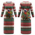 Aussie Rainbow Lorikeets Christmas Couples Matching Long Sleeve Bodycon Dress and Hawaiian Shirt Festive Knitted Pattern Inspired