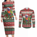 Aussie Rainbow Lorikeets Christmas Couples Matching Long Sleeve Bodycon Dress and Long Sleeve Button Shirt Festive Knitted Pattern Inspired