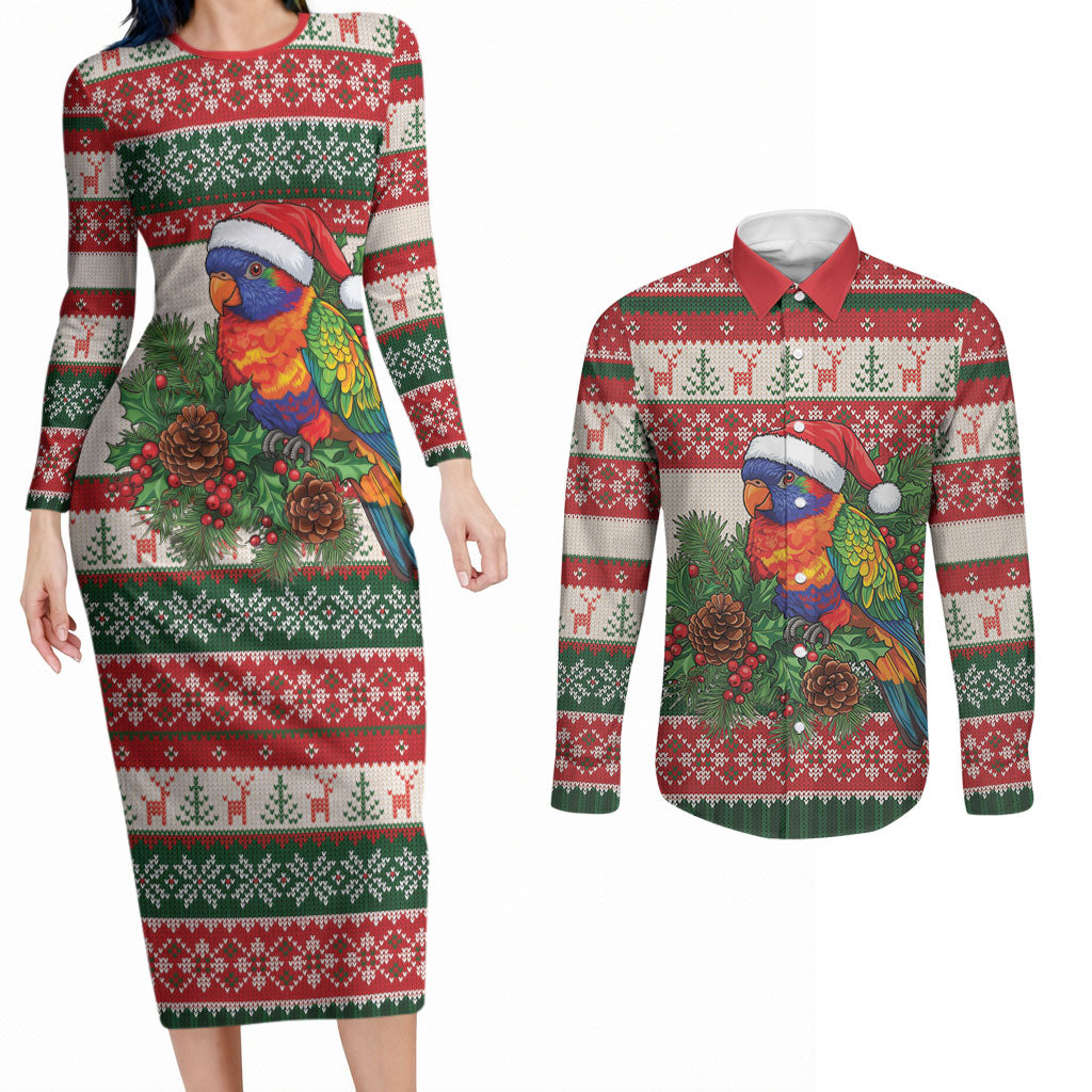 Aussie Rainbow Lorikeets Christmas Couples Matching Long Sleeve Bodycon Dress and Long Sleeve Button Shirt Festive Knitted Pattern Inspired