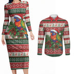 Aussie Rainbow Lorikeets Christmas Couples Matching Long Sleeve Bodycon Dress and Long Sleeve Button Shirt Festive Knitted Pattern Inspired