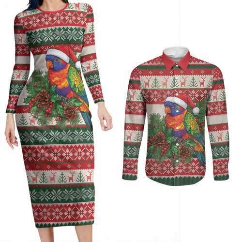 Aussie Rainbow Lorikeets Christmas Couples Matching Long Sleeve Bodycon Dress and Long Sleeve Button Shirt Festive Knitted Pattern Inspired