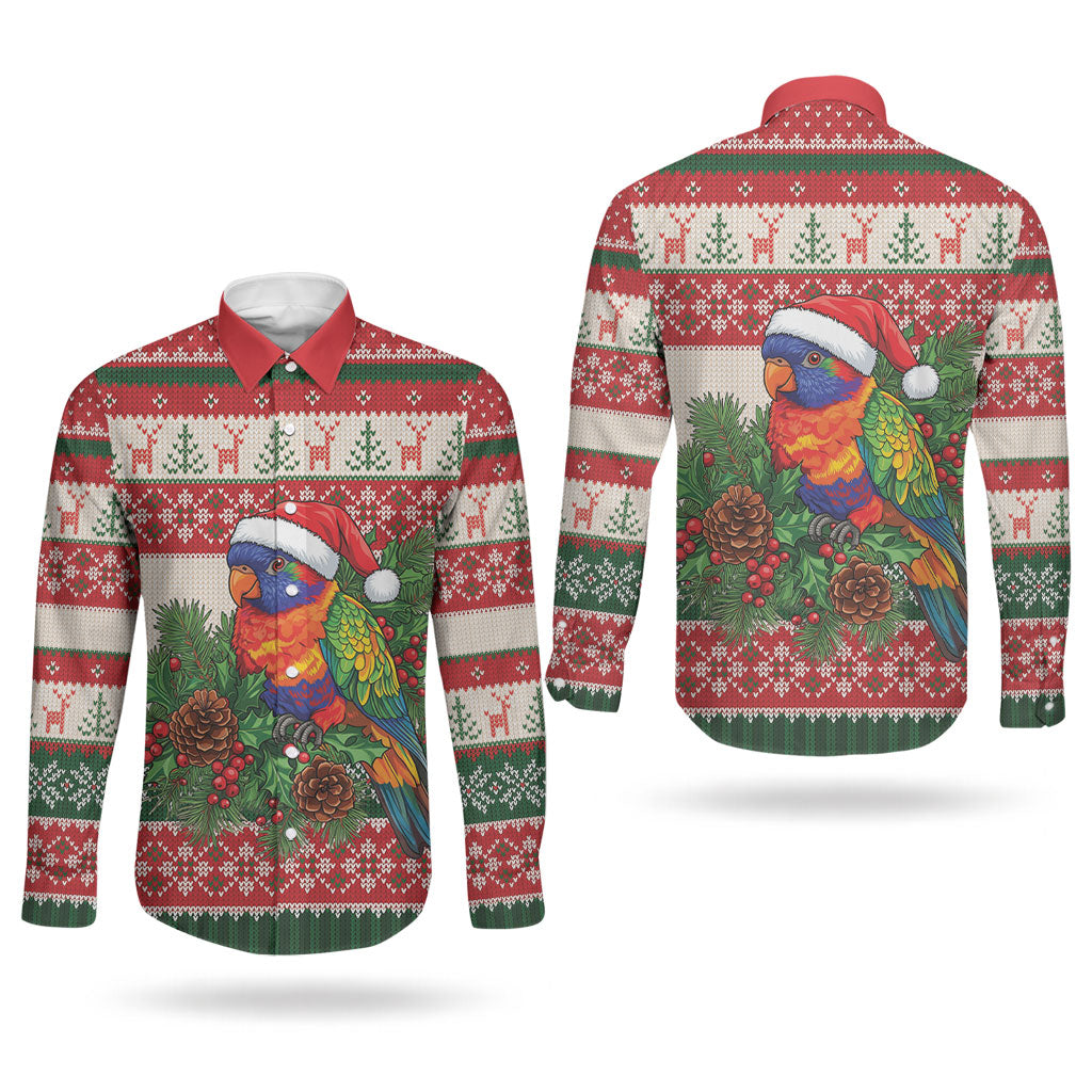 Aussie Rainbow Lorikeets Christmas Couples Matching Long Sleeve Bodycon Dress and Long Sleeve Button Shirt Festive Knitted Pattern Inspired