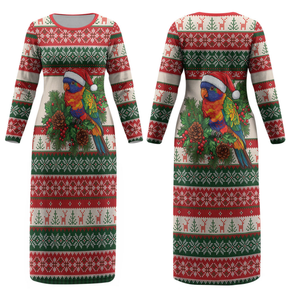 Aussie Rainbow Lorikeets Christmas Couples Matching Long Sleeve Bodycon Dress and Long Sleeve Button Shirt Festive Knitted Pattern Inspired
