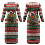 Aussie Rainbow Lorikeets Christmas Couples Matching Long Sleeve Bodycon Dress and Long Sleeve Button Shirt Festive Knitted Pattern Inspired