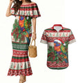 Aussie Rainbow Lorikeets Christmas Couples Matching Mermaid Dress and Hawaiian Shirt Festive Knitted Pattern Inspired