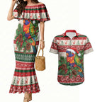 Aussie Rainbow Lorikeets Christmas Couples Matching Mermaid Dress and Hawaiian Shirt Festive Knitted Pattern Inspired