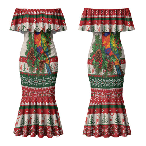 Aussie Rainbow Lorikeets Christmas Couples Matching Mermaid Dress and Hawaiian Shirt Festive Knitted Pattern Inspired