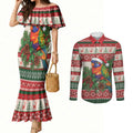 Aussie Rainbow Lorikeets Christmas Couples Matching Mermaid Dress and Long Sleeve Button Shirt Festive Knitted Pattern Inspired