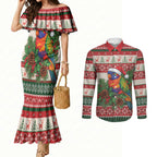 Aussie Rainbow Lorikeets Christmas Couples Matching Mermaid Dress and Long Sleeve Button Shirt Festive Knitted Pattern Inspired