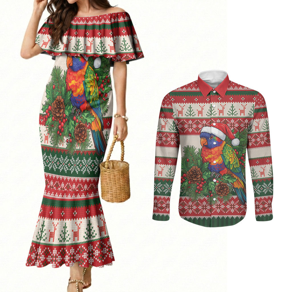 Aussie Rainbow Lorikeets Christmas Couples Matching Mermaid Dress and Long Sleeve Button Shirt Festive Knitted Pattern Inspired