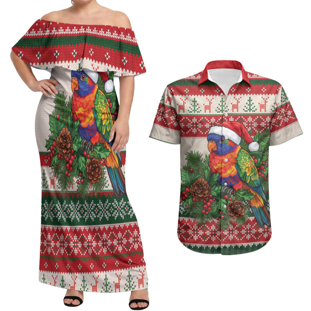 Aussie Rainbow Lorikeets Christmas Couples Matching Off Shoulder Maxi Dress and Hawaiian Shirt Festive Knitted Pattern Inspired