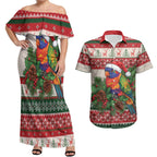 Aussie Rainbow Lorikeets Christmas Couples Matching Off Shoulder Maxi Dress and Hawaiian Shirt Festive Knitted Pattern Inspired