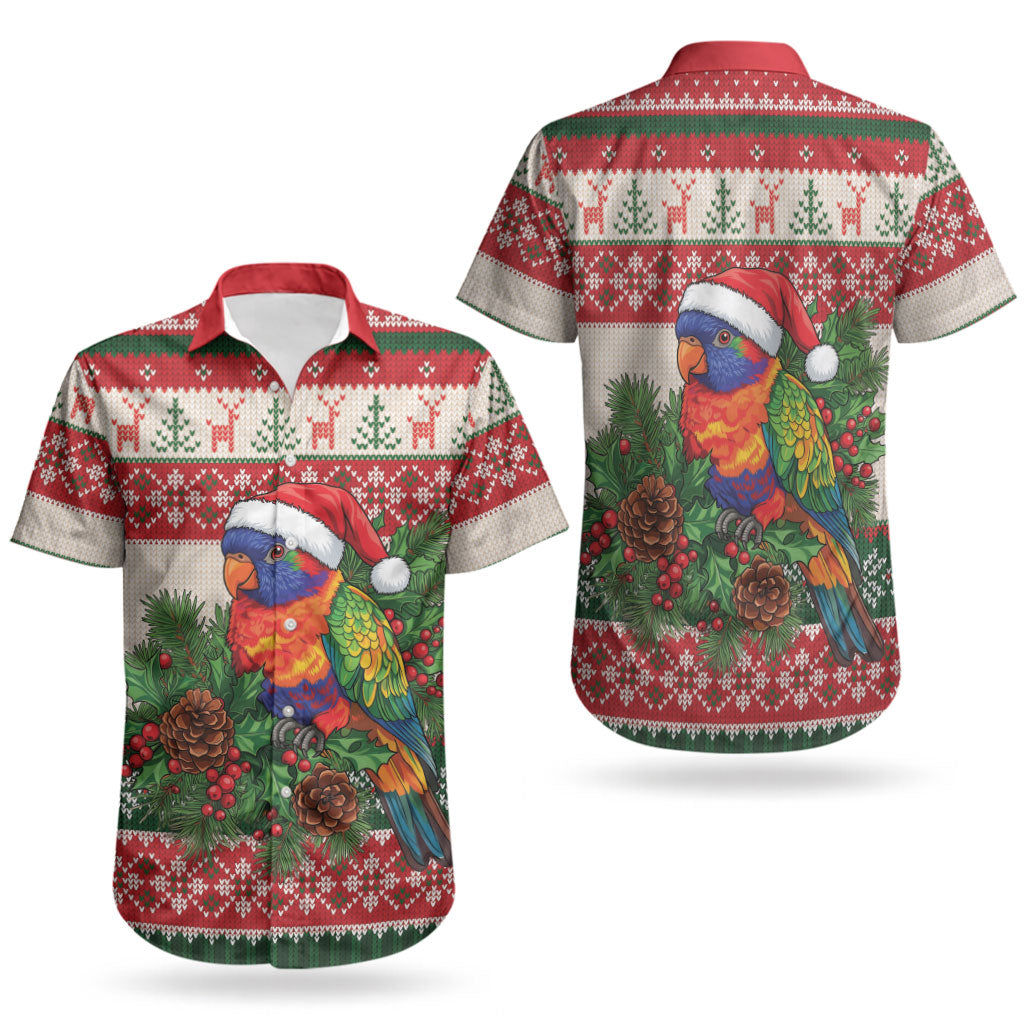 Aussie Rainbow Lorikeets Christmas Couples Matching Off Shoulder Maxi Dress and Hawaiian Shirt Festive Knitted Pattern Inspired