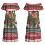 Aussie Rainbow Lorikeets Christmas Couples Matching Off Shoulder Maxi Dress and Hawaiian Shirt Festive Knitted Pattern Inspired
