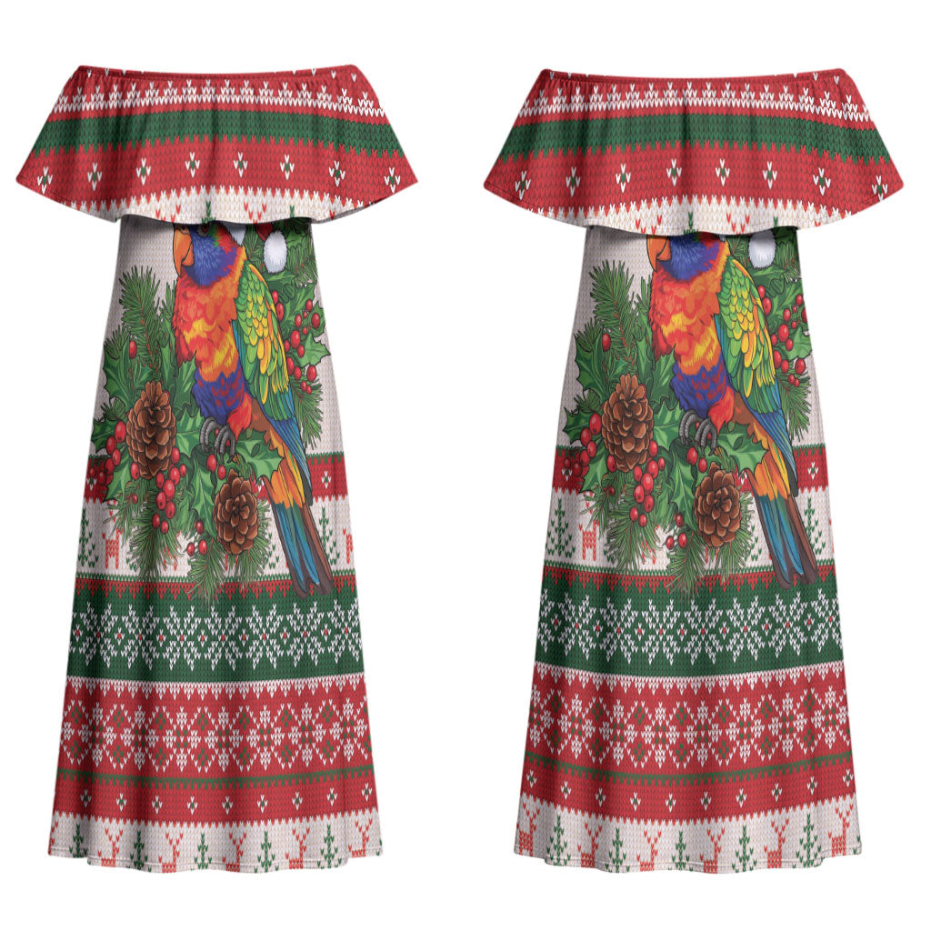 Aussie Rainbow Lorikeets Christmas Couples Matching Off Shoulder Maxi Dress and Hawaiian Shirt Festive Knitted Pattern Inspired