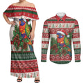 Aussie Rainbow Lorikeets Christmas Couples Matching Off Shoulder Maxi Dress and Long Sleeve Button Shirt Festive Knitted Pattern Inspired