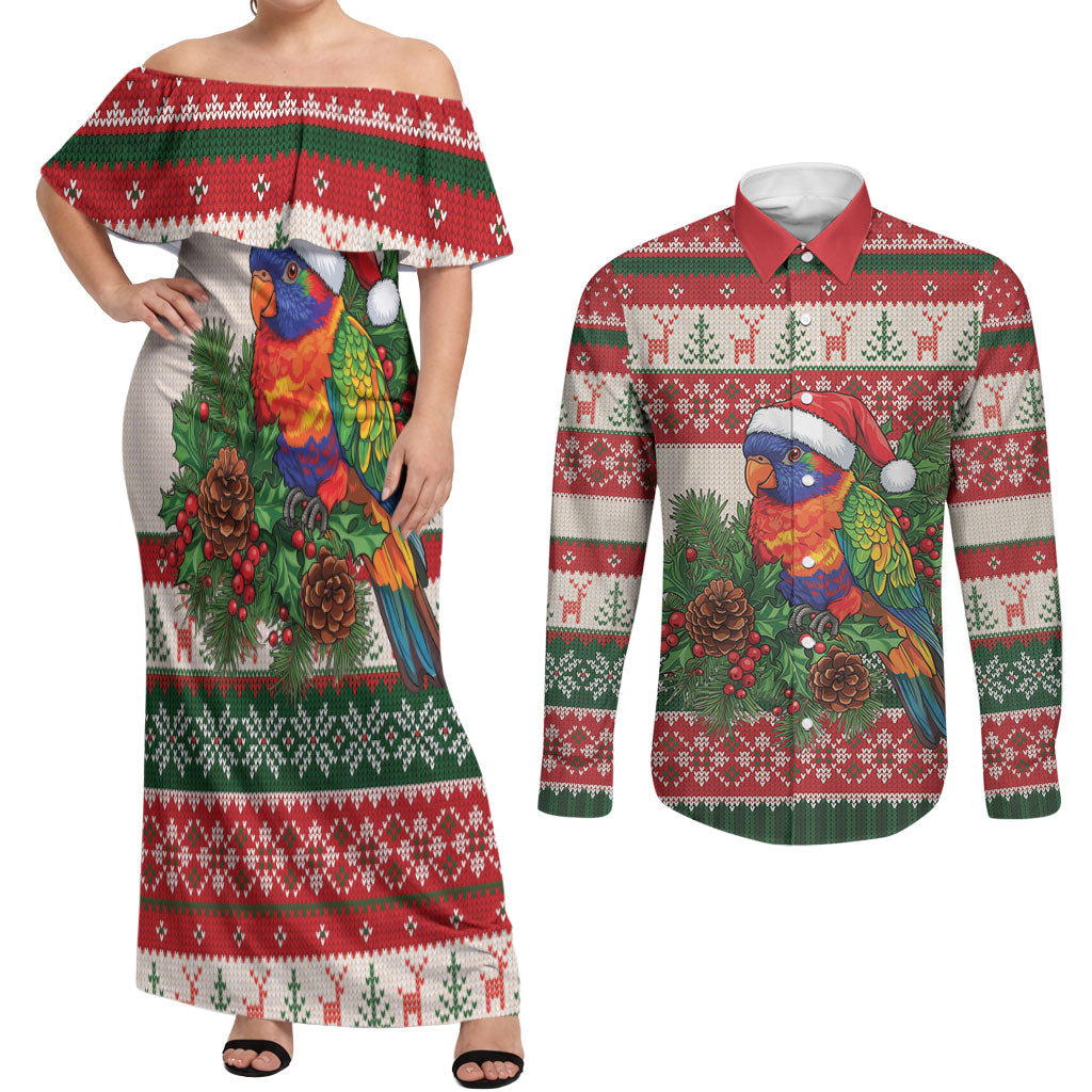 Aussie Rainbow Lorikeets Christmas Couples Matching Off Shoulder Maxi Dress and Long Sleeve Button Shirt Festive Knitted Pattern Inspired