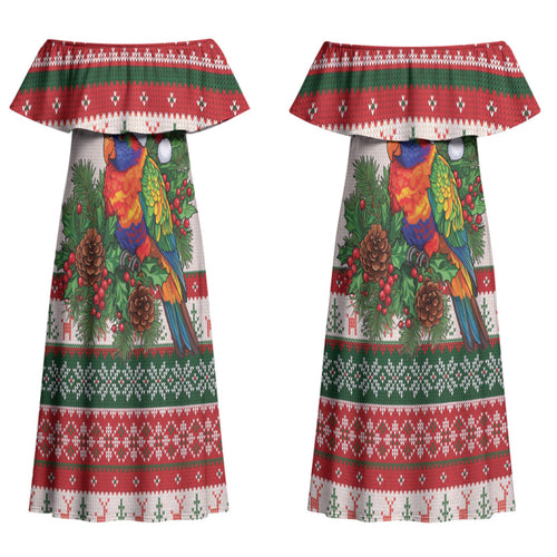 Aussie Rainbow Lorikeets Christmas Couples Matching Off Shoulder Maxi Dress and Long Sleeve Button Shirt Festive Knitted Pattern Inspired