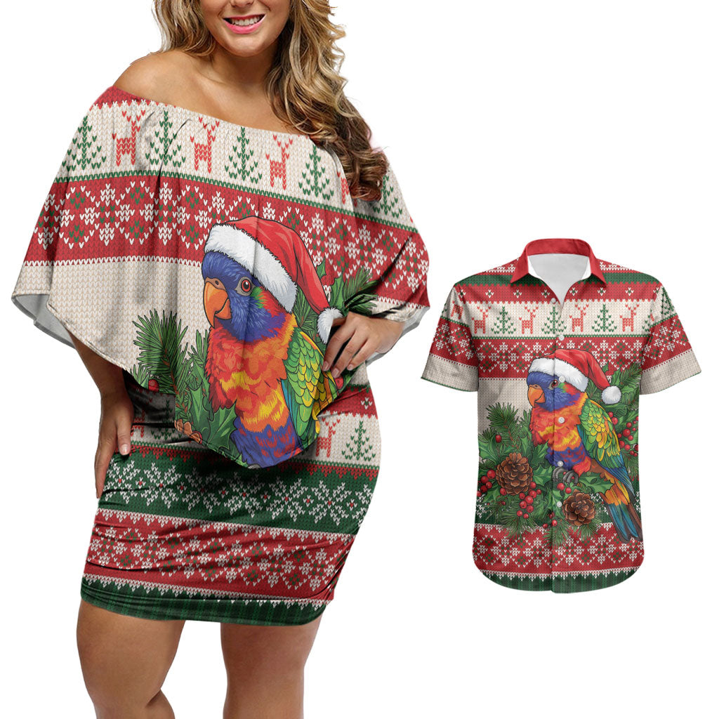 Aussie Rainbow Lorikeets Christmas Couples Matching Off Shoulder Short Dress and Hawaiian Shirt Festive Knitted Pattern Inspired