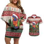 Aussie Rainbow Lorikeets Christmas Couples Matching Off Shoulder Short Dress and Hawaiian Shirt Festive Knitted Pattern Inspired