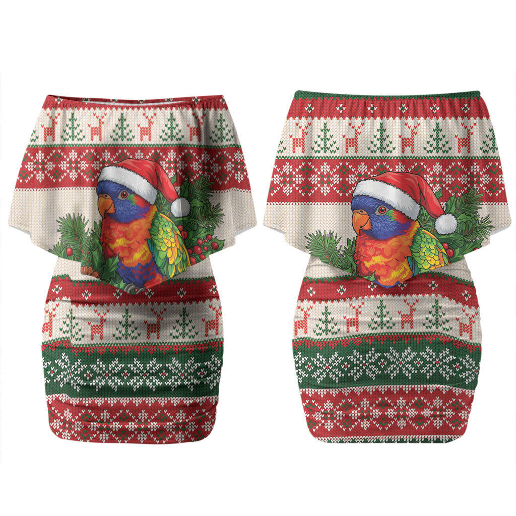 Aussie Rainbow Lorikeets Christmas Couples Matching Off Shoulder Short Dress and Hawaiian Shirt Festive Knitted Pattern Inspired