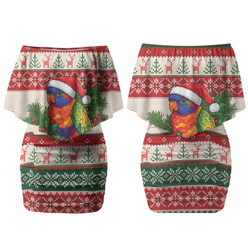 Aussie Rainbow Lorikeets Christmas Couples Matching Off Shoulder Short Dress and Hawaiian Shirt Festive Knitted Pattern Inspired