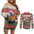 Aussie Rainbow Lorikeets Christmas Couples Matching Off Shoulder Short Dress and Long Sleeve Button Shirt Festive Knitted Pattern Inspired
