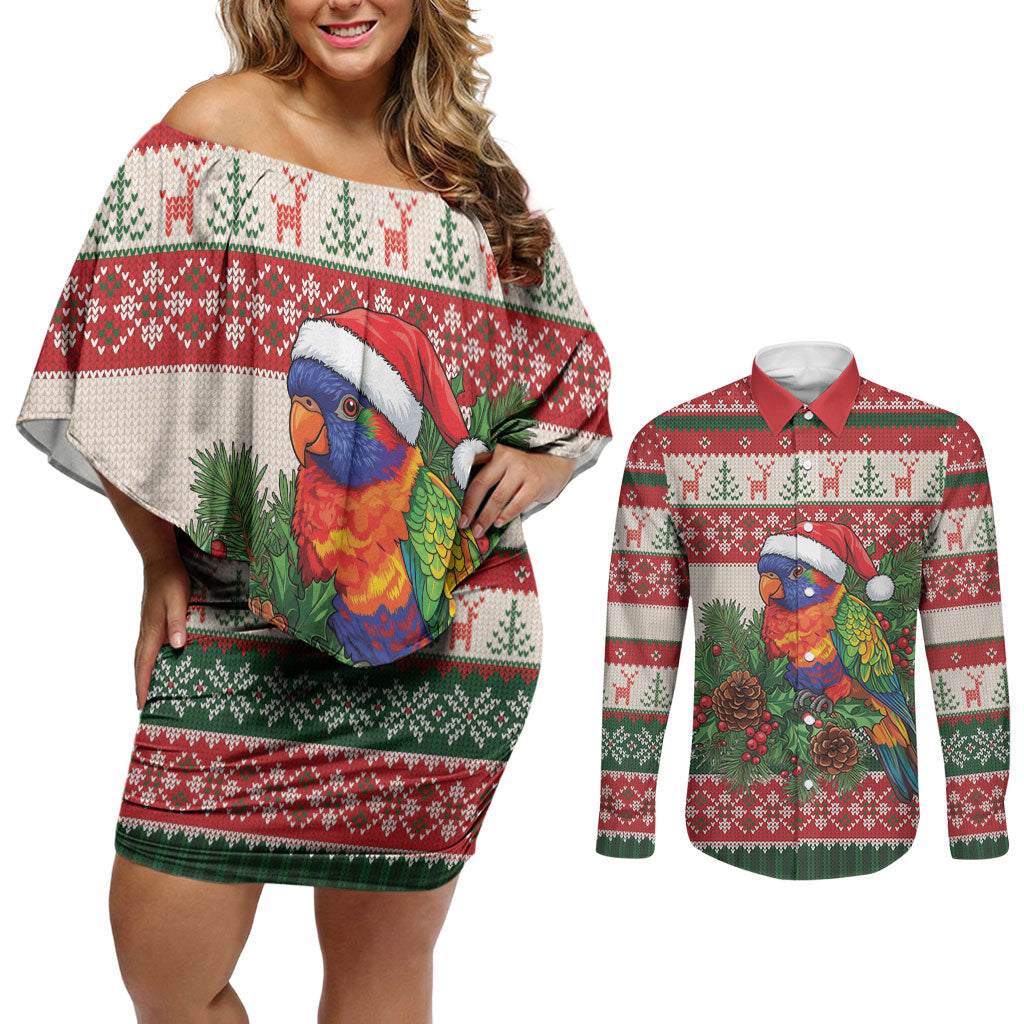 Aussie Rainbow Lorikeets Christmas Couples Matching Off Shoulder Short Dress and Long Sleeve Button Shirt Festive Knitted Pattern Inspired