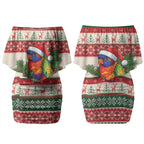Aussie Rainbow Lorikeets Christmas Couples Matching Off Shoulder Short Dress and Long Sleeve Button Shirt Festive Knitted Pattern Inspired