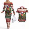Aussie Rainbow Lorikeets Christmas Couples Matching Off The Shoulder Long Sleeve Dress and Hawaiian Shirt Festive Knitted Pattern Inspired