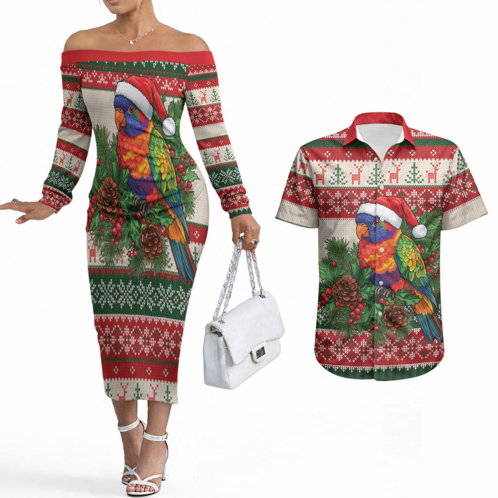 Aussie Rainbow Lorikeets Christmas Couples Matching Off The Shoulder Long Sleeve Dress and Hawaiian Shirt Festive Knitted Pattern Inspired