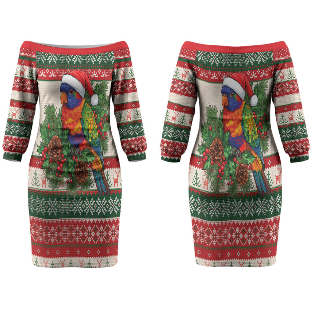 Aussie Rainbow Lorikeets Christmas Couples Matching Off The Shoulder Long Sleeve Dress and Hawaiian Shirt Festive Knitted Pattern Inspired