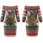 Aussie Rainbow Lorikeets Christmas Couples Matching Off The Shoulder Long Sleeve Dress and Hawaiian Shirt Festive Knitted Pattern Inspired