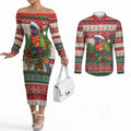 Aussie Rainbow Lorikeets Christmas Couples Matching Off The Shoulder Long Sleeve Dress and Long Sleeve Button Shirt Festive Knitted Pattern Inspired