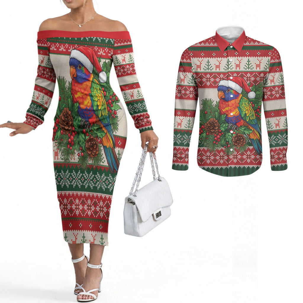 Aussie Rainbow Lorikeets Christmas Couples Matching Off The Shoulder Long Sleeve Dress and Long Sleeve Button Shirt Festive Knitted Pattern Inspired