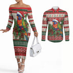 Aussie Rainbow Lorikeets Christmas Couples Matching Off The Shoulder Long Sleeve Dress and Long Sleeve Button Shirt Festive Knitted Pattern Inspired